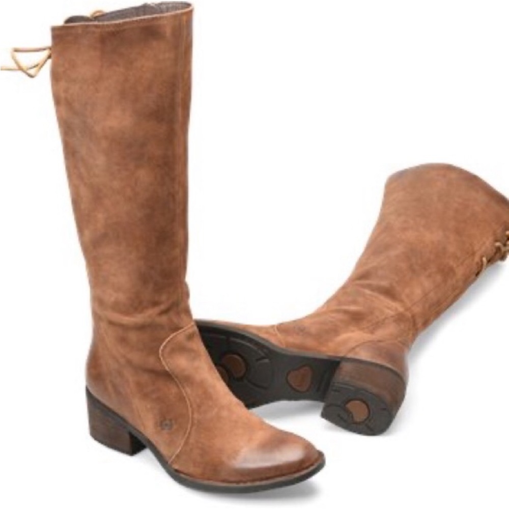 Born Felicia Tall Suede Boot Lace up Back Tobacco size 9 Wide Calf